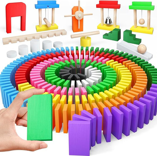 PEBIRA Large Dominoes for Kids, Wooden Dominos Set Include 200 PCS Colorful Domino Blocks, 11 Add-on Tricks and 1 Storage Bag, Bulk Building Dominoes, Kits Gift for Boys Girls Adult