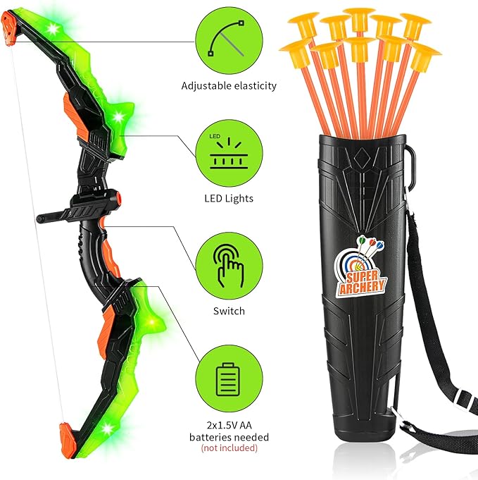 ASMAD Kids Bow and Arrow Set, LED Light Up Archery Toy Set, 10 Suction Cup Arrows, Target & Quiver, Indoor and Outdoor Kids Toys for Children Boys Girls, Christmas Birthday Gifts for Kids
