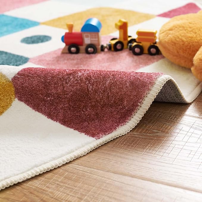 jinchan Round Rug 4ft Kids Washable Rug Colorful Trellis Indoor Floor Cover Non Slip Soft Modern Living Room Diamond Carpet for Nursery Room Bedroom Playroom Confetti on Cream