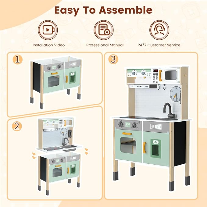 Play Kitchen Wooden Kids Kitchen Playset Pretending Toys for Toddlers with Real Lights & Sounds, 3 Heights Adjustable, Chalkboard, 35Pcs Toy Food & Cookware Accessories-Green