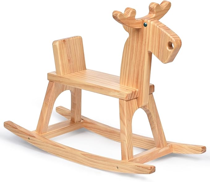 Kid Wooden Rocking Horse, Baby Ride On Toy Rocker for Toddler, Rocking Reindeer w/backrest Ideal Birthday Christmas/Birthday Gift for Boys & Girls (Natural)