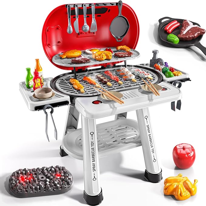 Kids Play Kitchen Toys, BBQ Grill with Smoke for Kids Ages 3 4 5 6 7, 2-Layer Barbecue Toys Play Food Set with Sound Light, Indoor Outdoor Cooking Toy for Boys Girls 3-5, Birthday Gifts