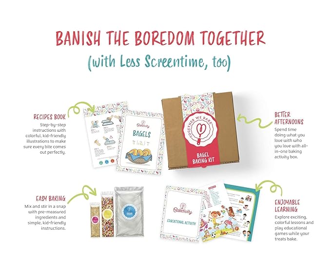 Baketivity Kids Baking Set, Meal Cooking Party Supply Kit for Teens, Real Fun Little Junior Chef Essential Kitchen Lessons, Includes Pre-Measured Ingredients (Baketivity Kit, Bagels)