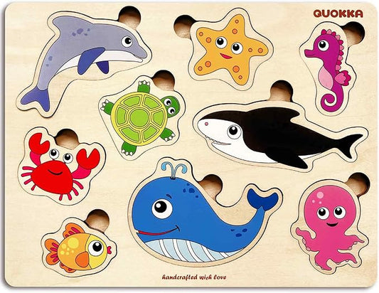 QUOKKA Wooden Puzzles for Toddlers 1-2 – 4 Set Pegged Puzzles for Kids Ages 1-2 – Animal Sea Learning Toy for Kids – Gift Realistic Educational Game for Boy and Girl