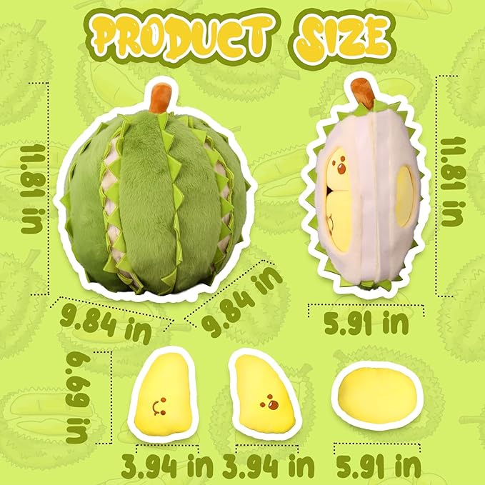 Creative Detachable Durian Plush Toy, Fruit Durian Plush Toy, Decompression Durian Toy, Durian Plush Pillow, Cute Peeling Durian Plush Doll (Musang King-11.81 in)