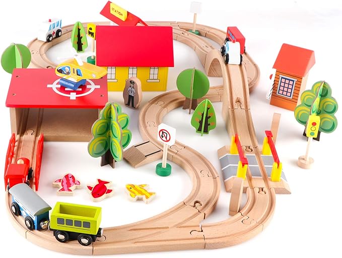 Qilay 69 PCS Wooden Train Set -Premium Wood Train Tracks & Trains Toys for Toddlers 3,4,5 Years Old, Expandable Train Toys Railway Kits for Girls Boys, Fit All Major Bands Train Tracks Set