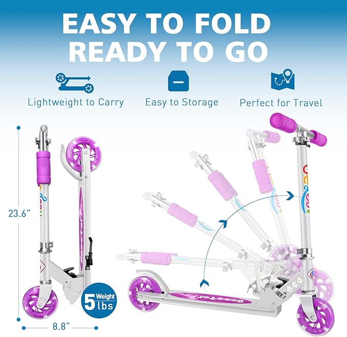 BELEEV V1 Scooters for Kids, 2 Wheel Folding Kick Scooter for Girls Boys, 3 Adjustable Height, Light Up Wheels, Lightweight Scooter with Sturdy Frame, Kickstand for Children 3 to 12 Years Old