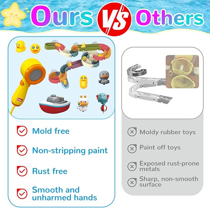 Mostop Toddler Bath Toys, Baby Bathtub Toys with Slide Track and Duck Shower Sprays, 2 Ducks, 4 Balls, 1 Boat, 3 Water Spraying Animal Toys, Fun Bathtub Toys Gift for Kids Age 4-8
