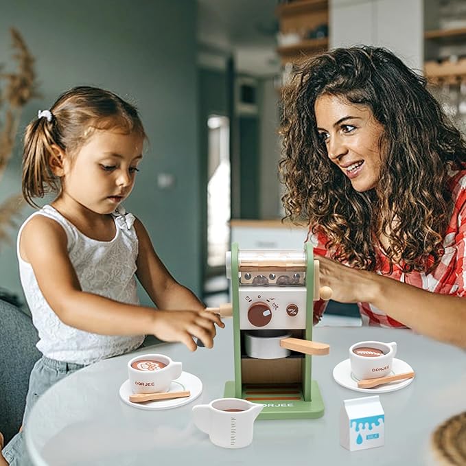 Kids Wooden Coffee Maker Toy,Coffee Machine Playset with Grinder,Play Coffee Making Routine,Stimulates Imaginative Pretend Play and Life Skills,Birthday Gift for Toddler Boy Girl,17pcs