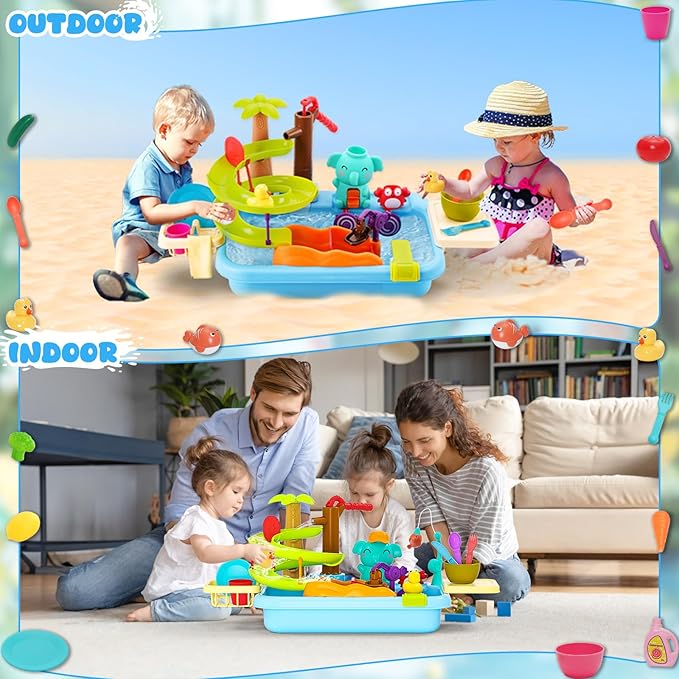 4-in-1 Kitchen Sink Toy with Upgraded Water Slide Track, Magnetic Fishing Game Floating Toys for Water Play, Pretend Play Dishwasher for Kids Toddlers 1-3 3-8 (Blue)