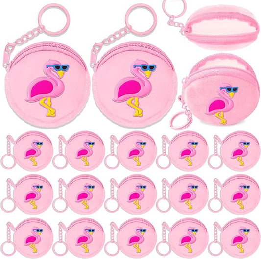 15 Pack Flamingo Mini Coin Purses with Keyring for Summer Holiday Luau Tropical Hawaiian Party Supplies, Present for Friends, Creative Souvenirs, Kids Birthday Party,Pink