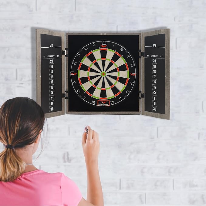 Dartboard Cabinet Set - Easy Assembly One Piece Sports Hemp Dartboard Scoreboard - Play Immediately - 6 Dart Chalk Set for Home Game Bar Accessories, Gray