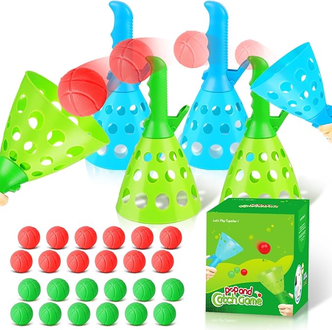 Duckura Outdoor Indoor Game Activities for Kids, Pop-Pass-Catch Ball Game with 4 Catch Launcher Baskets and 24 Balls, Easter Basket Stuffers Gifts Party Favors Beach Sport Toys for Kids Age 5 6 7 8 9+