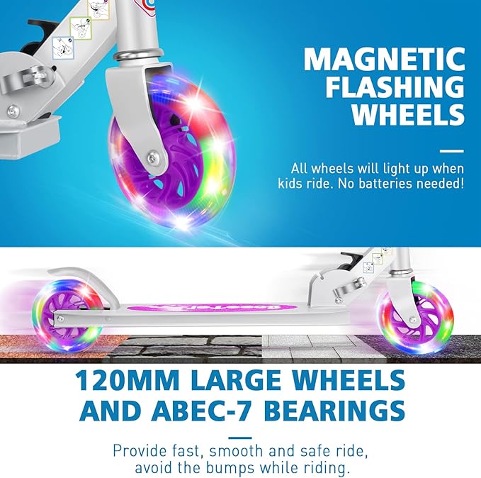 BELEEV V1 Scooters for Kids, 2 Wheel Folding Kick Scooter for Girls Boys, 3 Adjustable Height, Light Up Wheels, Lightweight Scooter with Sturdy Frame, Kickstand for Children 3 to 12 Years Old