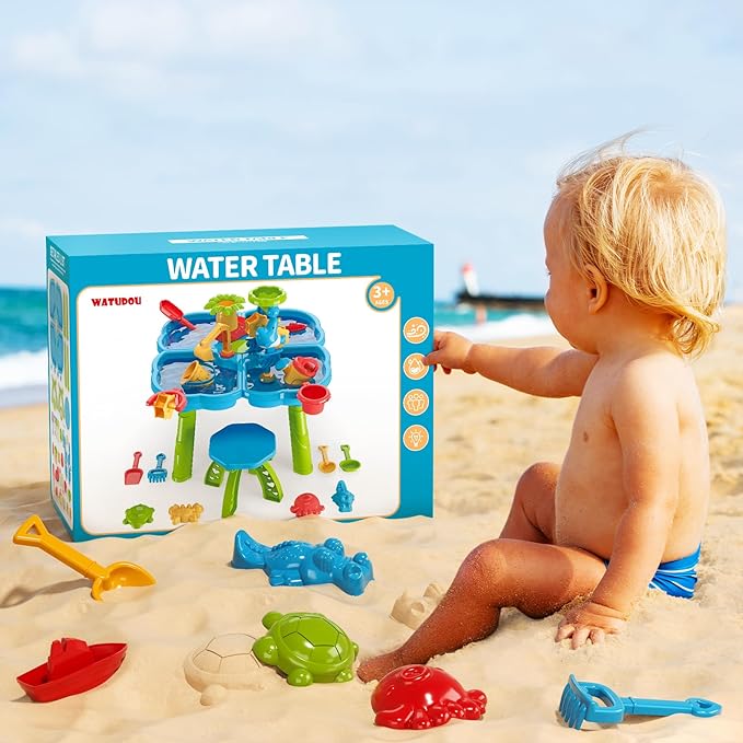3-Tier Water Table for Kids Ages 3-5 4-8, Toddlers Outdoor Summer Water Table Beach Toys, Kids Activity Sensory Table Toddler Sand Box Play Table with Rain Showers Splash Pond for Boys Girls