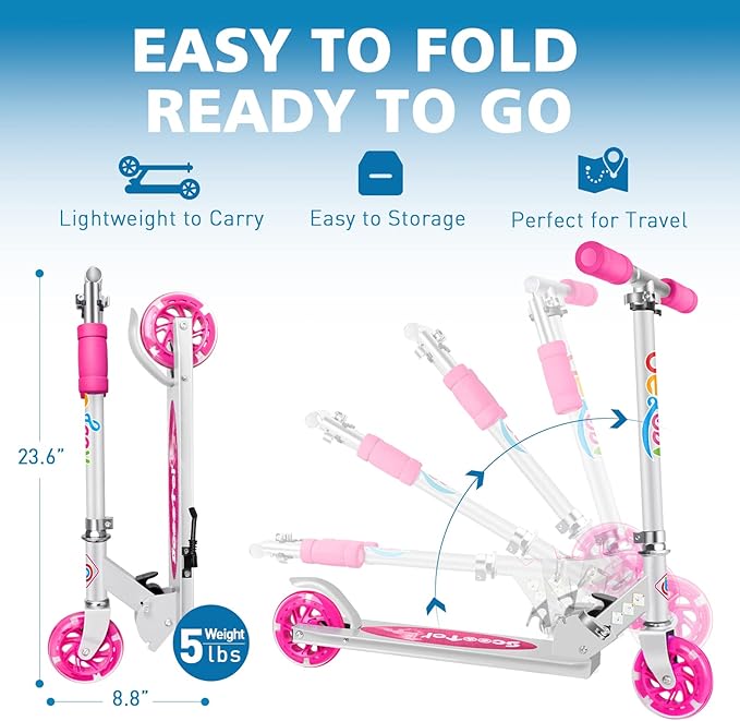 BELEEV V1 Scooters for Kids, 2 Wheel Folding Kick Scooter for Girls Boys, 3 Adjustable Height, Light Up Wheels, Lightweight Scooter with Sturdy Frame, Kickstand for Children 3 to 12 Years Old