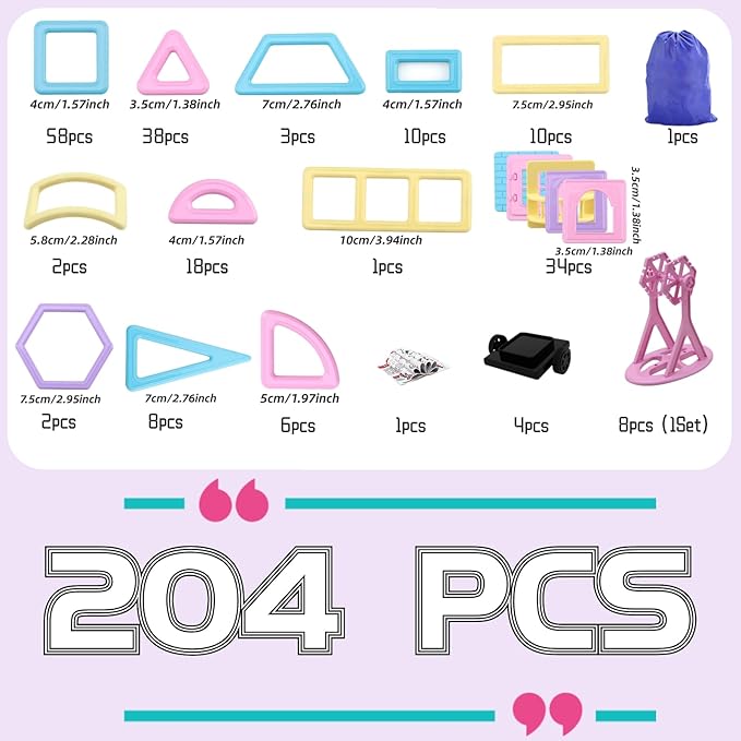 ASOK 204PCS Magnetic Building Blocks Magnetic Tiles Kids STEM Learning Toys for 3 4 5 6 7 Years Old Boys and Girls