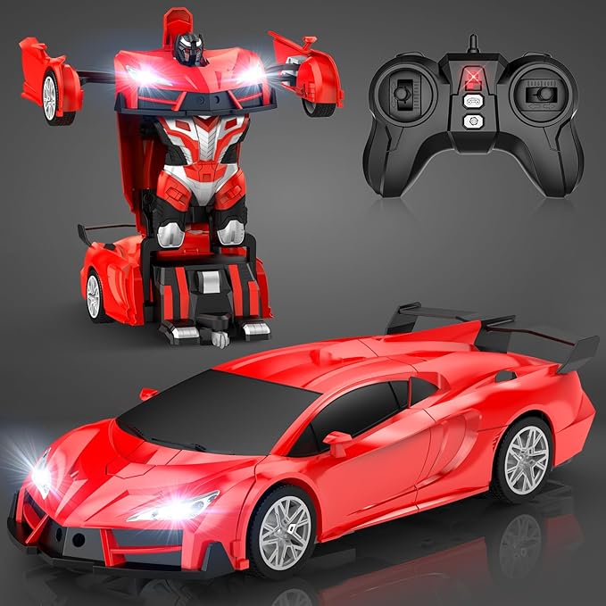 Remote Control Car,Transform Robot RC Cars with Cool LED Headlights, 2.4Ghz Toys Car with 360 Degree Rotation and One-Button Deformation, Christmas Birthday Gifts for Boys Girls(Red)