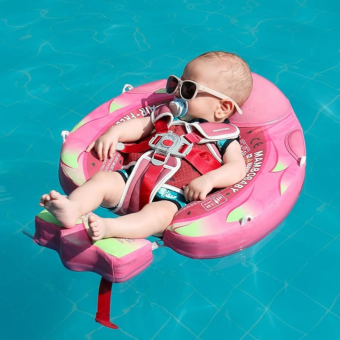 Mambobaby Float Add Tail Baby Swim Float with Canopy Solid Pool Infant Swim Trainer Swimming Training Lying Air Free Water Floats Non-Inflatable Waist Swim Ring for Toddlers (Dragon Fruit)