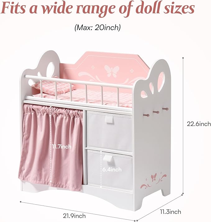 ROBOTIME Baby Doll Crib, Wooden Doll Bed, Toy Baby Crib with Storage, Bedding, and Wooden Hooks, Doll Crib Fits Dolls up to 21", Doll Furniture for American Girls Ages 3+ (Pink)