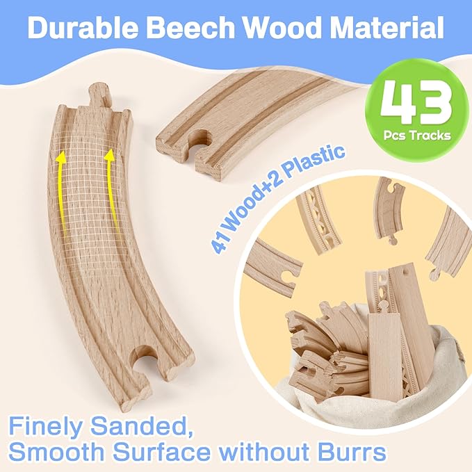 118Pcs Wooden Train Set for Kids, Wood Train Track Set Train Railway Accessories Toy Train Sets for Boys and Girls Gifts Ages 4 5 6 7 8 - Compatible with All Major Brands