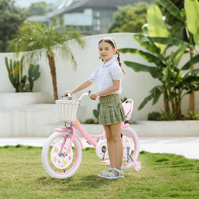 Girls Bike with Basket for Toddlers and Kids Aged 3-14 Years Old, 14 16 18 Inch with Training Wheels & Doll Seat, 20 Inch with Kickstand & Rear Rack, Princess Style Bicycle for Gift