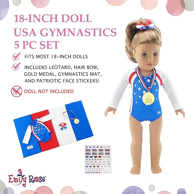 Emily Rose 18 Inch Doll Clothes Gymnastics Sports Outfit & Accessories with Medal and Face Stickers, Gymnast Toy | Doll NOT Included | USA Business | Compatible with 18" American Girl Dolls
