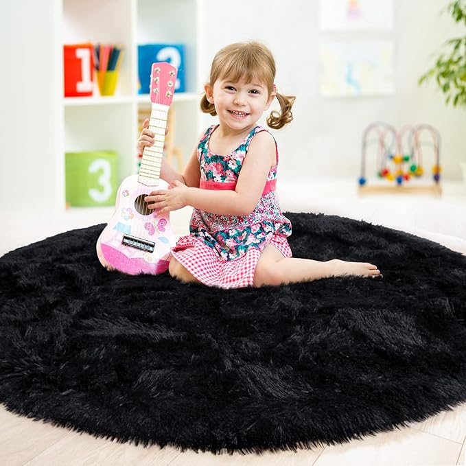 junovo Round Rug 6x6 Feet Fluffy Soft Area Rugs for Kids Girls Room Princess Castle Plush Shaggy Carpet Cute Circle Nursery Rug for Kids Teen's Bedroom Home Decor Large Circular Carpet, Black