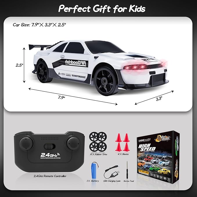 RC Drift Car, 1/24 Remote Control Car 4WD RC Cars for Kids, 2.4GHz Hobby Racing Car Toys White Drifting RC Car with LED Light Rechargeable Battery and Drift Tires Toy Cars for Boys