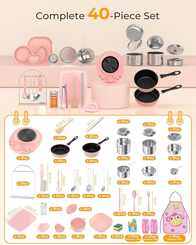 Kid Cooking Sets Real Mini Kitchen, Food Making for Beginner Children 8 9 10 11 12 Boys Girls Cooking Educational Toys, Junior Easy Safe MontessoriTools Dishes Knife Set-Pink