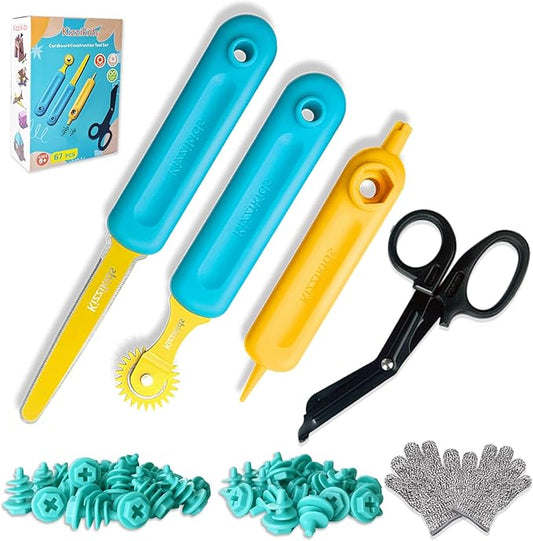 Cardboard Cutting Tools for Kids with Tool Box, 67 PCS Cardboard Construction Kit for Family & Team Activities, Creative STEM Educational Toys Gift for Boys and Girls Aged 5+