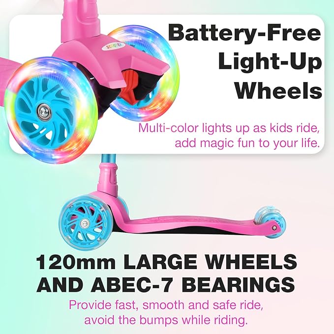 BELEEV A2 Scooters for Kids 3 Wheel Kick Scooter for Toddlers Girls Boys, 4 Adjustable Height, Lean to Steer, Light up Wheels, Extra-Wide Board, Easy to Assemble for Children Gift Sport Toys Ages 3-12