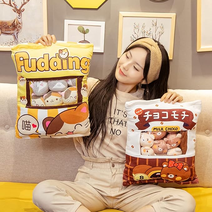 ARELUX Cute Cat Plush Pudding Pillow:Snack Pillow Toys Bag Removable Stuffed Animal 8Pcs Sets Creative Plush,Soft Yellow Cat Plushie Animal Throw Pillow,Dolls Friends Family Member
