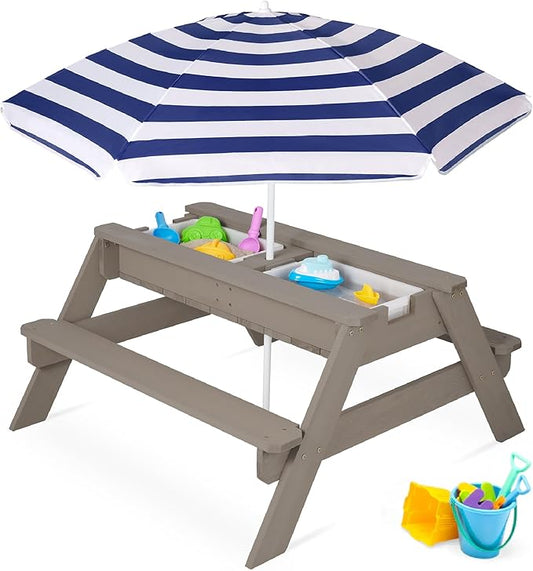 Best Choice Products Kids 3-in-1 Sand & Water Table, Wood Outdoor Convertible Picnic Table w/Umbrella, 2 Trays, Removable Top, 220lb Capacity Per Bench - Gray/Navy
