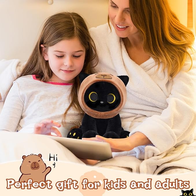 Capybara Cat Stuffed Animal, 8inch Black Cat Plush Wear Capybara Hat, Anime Kitten Plushies Kawaii Huggable Gift for Kids Boys Girls,Girlfriends Christmas, Birthday Gifts