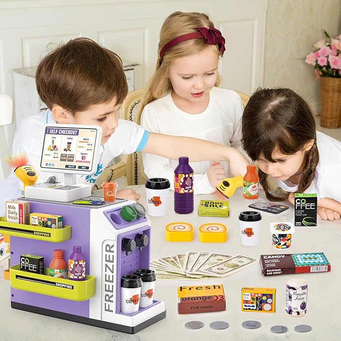 46PCS Cash Register Playset for Kids Pretend Play Coffee Machine with Water Outlet Function, Mini Supermarket Grocery Store with Money, Scanner,Play Foods, Gift for Boys and Girls (Purple)