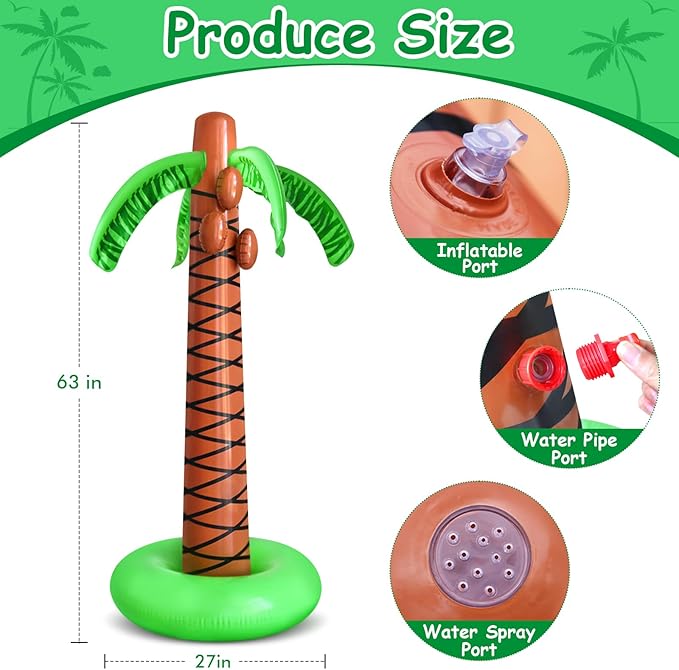 62" Inflatable Palm Tree Sprinkler, Summer Water Spray Toy with Stable Base – Outdoor Play for Backyard, Pool, Beach & Tropical Party Decorations