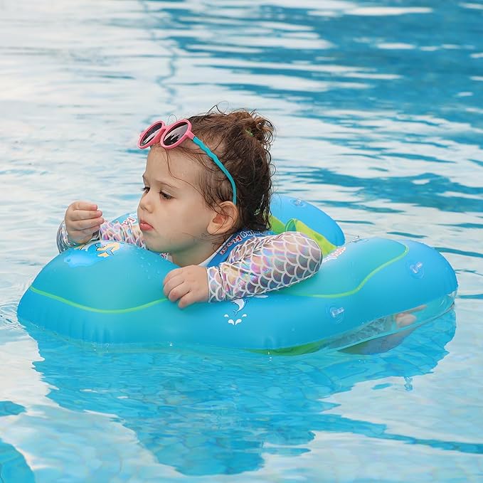 Free Swimming Baby Infant Pool Float with Sun Canopy Inflatable Baby Swimming Floatie with Sponge Safety Bottom Support Water Toys Swimming Trainer (Blue, Large)