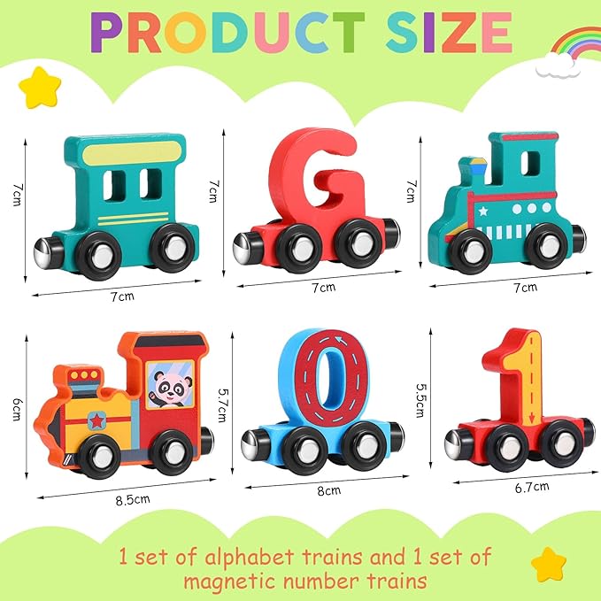 43 Pieces Magnetic Wooden Alphabet Number Toy Trains Set for Kids Toddlers, Including 26 Alphabet and 14 Number Trains with 3 Locomotives, Learning Toys for Kids Toddlers Preschool Learning Gift