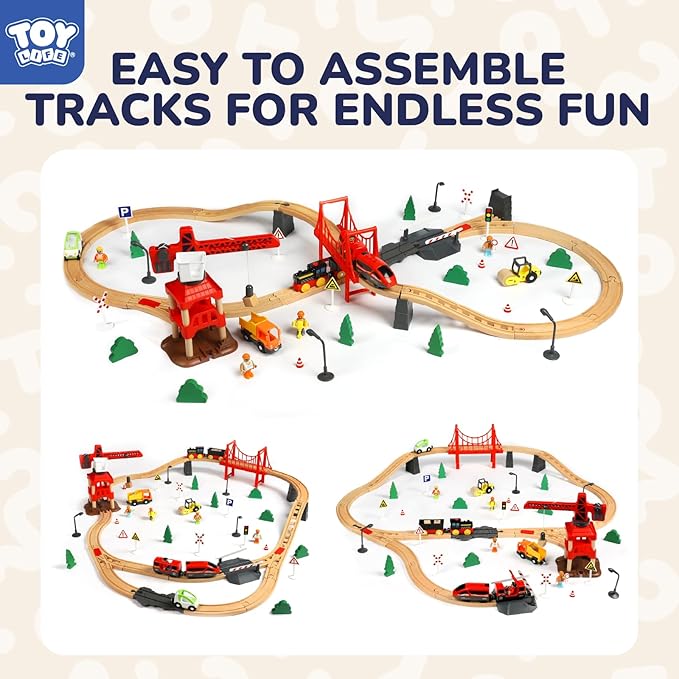 TOY Life 80pcs Wooden Train Set for Kids 3-8, Compatible with Thomas, Brio, Fits HO Scale, Modern Style, Unisex, Ages 3+