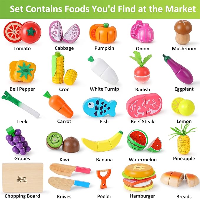 iPlay, iLearn Wooden Play Food Toy, Kids Wood Cutting Magnetic Fruit Vegetables, Toddler Cooking Pretend Play Kitchen Food Set, Montessori Educational Birthday Gift for Age 3 4 5 6 7 Year Old Girl Boy