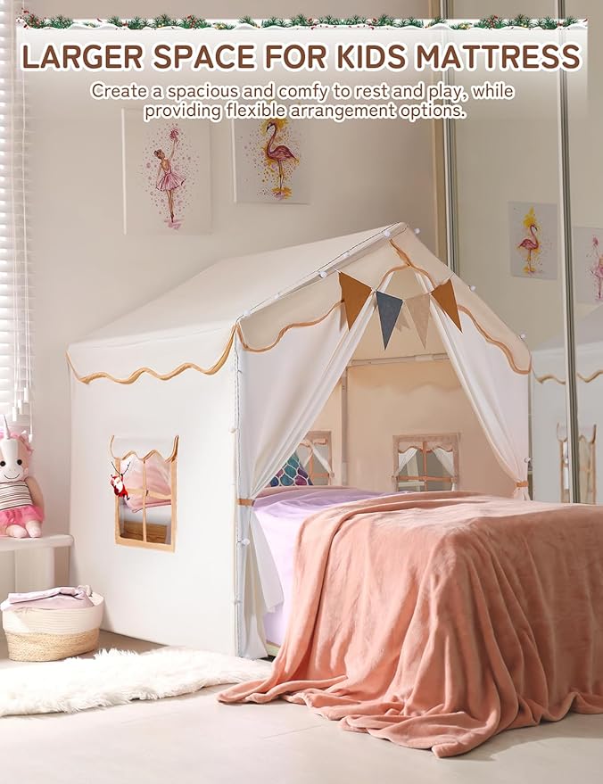 besrey Kids Tent, Kids Playhouse 2 in 1 with Padded Mat and Lights, Large Play Tent with 2 Doors & 4 Windows, Kids Play Tent Indoor & Outdoor, Christmas Toddler Tent for Kids, 51" x35" x 51"