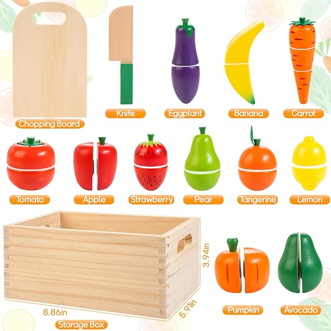 Wooden Play Food for Toddlers, Velcro Fruit and Veggies Cutting Set for Kids, Pretend Food Play Kitchen Accessories for 3 4 5 6 7 Years Old Boys & Girls