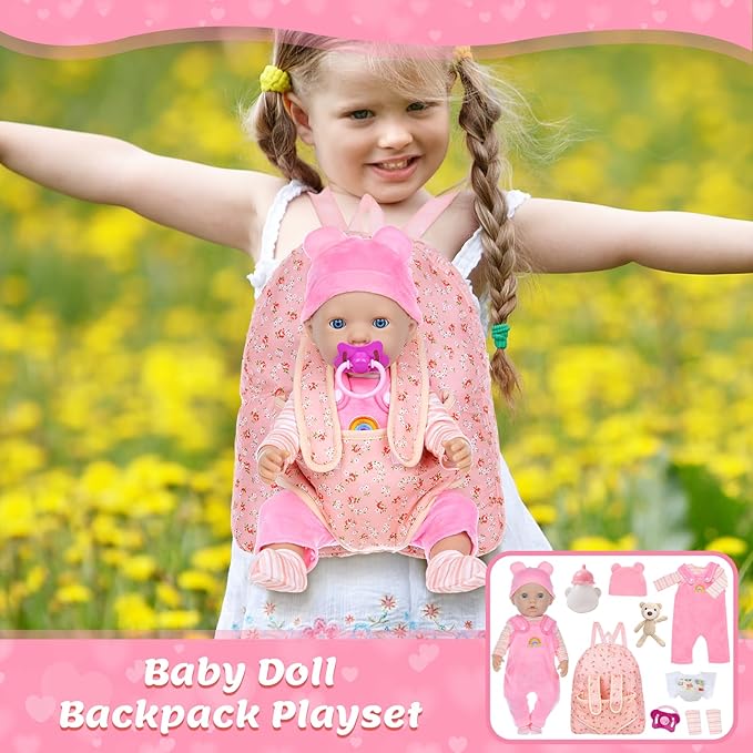 Baby Doll Clothes with Doll Backpack Carrier for 14-18 Inch Doll,Reborn Baby Doll Accessories Set with Doll Bottles Doll Pacifiers for Toddlers and Kids 2 3 4 5 Year Old(Doll not Included)