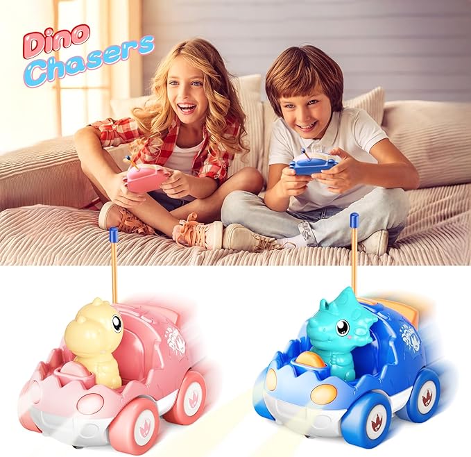 2 Pack Pink Dinosaur Remote Control Car Toys, Christmas Birthday Gifts for Girls 2 3 4 5 Years Old, Dino RC Car with Music and Light, Toddlers Toys for Kids 2-5 Year Old,(Pink Blue)