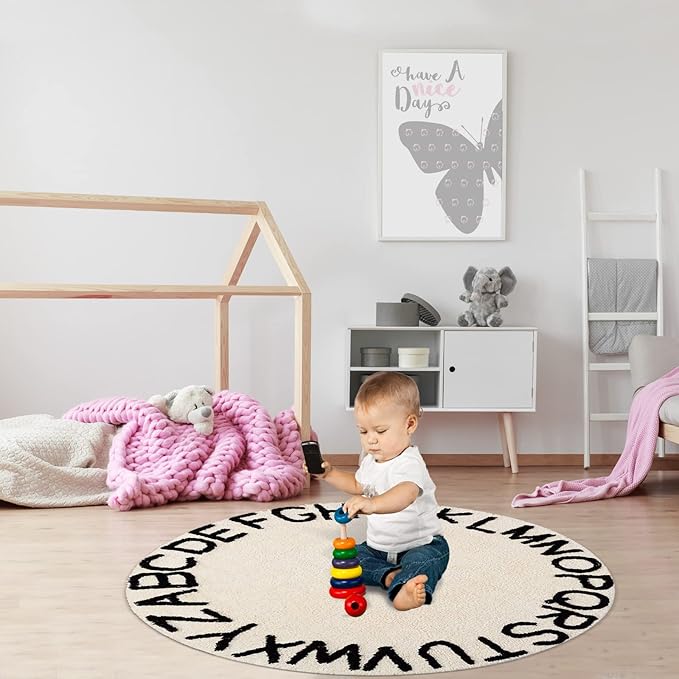 blue page ABC Kids Rug Alphabet Educational Area Rugs for Infant Toddlers - Soft Playtime Collection, Home Decor Teepee Tent Round Play Mat, Best Shower Gift (59", White Black)