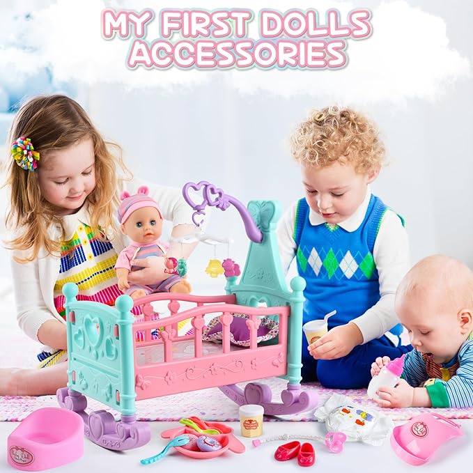deAO 12” Baby Doll Play Set with Crib, Mobile, High Chair Feeding Accessories, Interactive Dolls for Girls Kids Pretend Play Baby Dolls 21 PCS