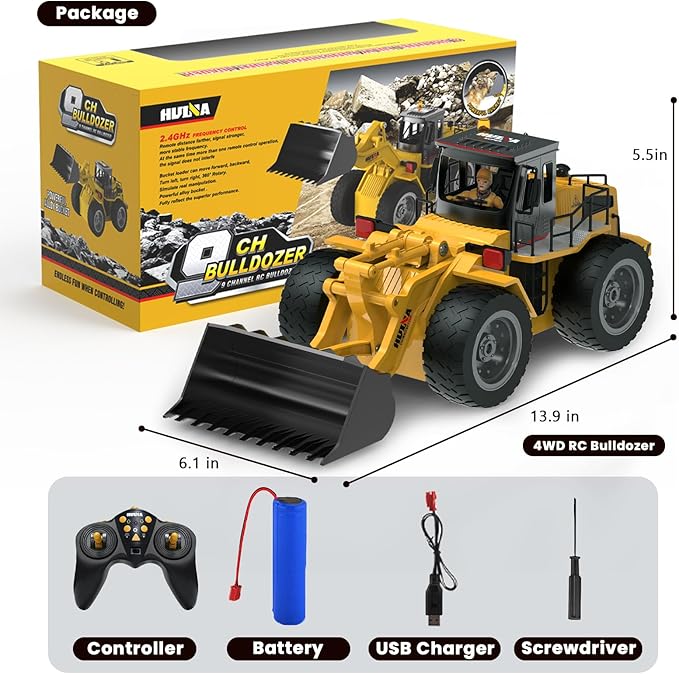 RC Bulldozer Toy Remote Control Bulldozer RC Construction Vehicles for Boys 1:18 Remote Control Tractor with Alloy Shovel Off-Road 4WD Light and Sounds RC Truck for Christmas Adults Gift Kids