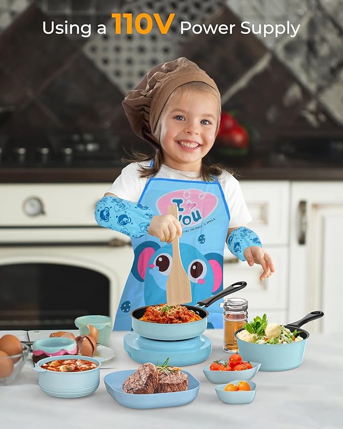 Kids Cooking Sets Real, Kid Safe Montessori Mini Tools Includes Stove Burner, Knife ect for Aged 8-12 Boys Girls Food Making, Easy for Beginners, Education Toys-Blue