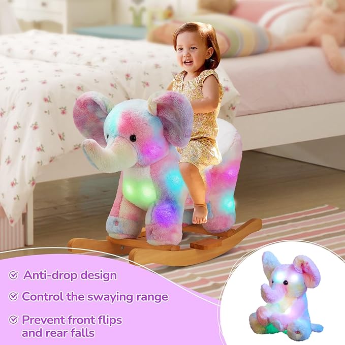 Glow Guards Musical Elephant Baby Rocking Horse Set with Rainbow Plush Toy, Wooden Chair for Toddlers Girls & Babies Age 1-3